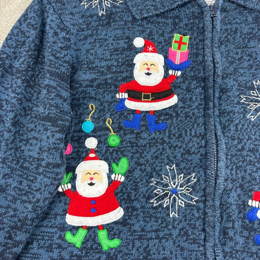 VTG Tiara International Christmas Santa Sweater Women L Blue Ramie Full Zip - Picture 8 of 16